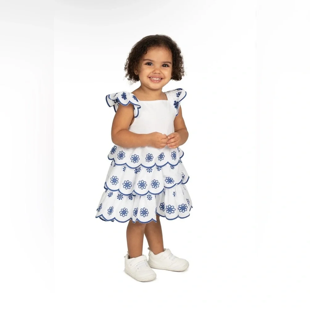 Counting Daisies | Toddler Girl White Dress w/ Blue Floral Embroidery | Size 2T
